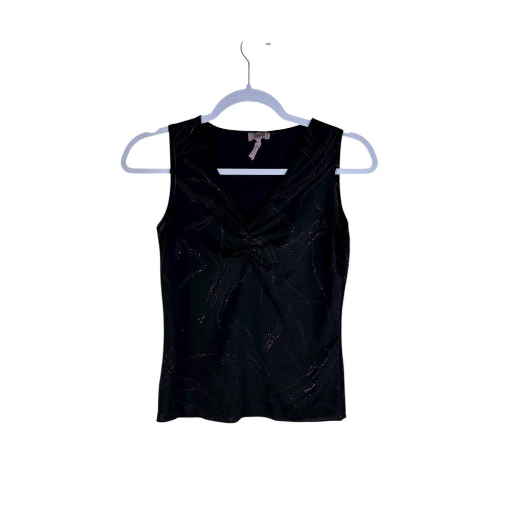 Y2K Vintage 90’s Black Sleeveless V-Neck Ruched Tank Top With Subtle Pink Glitte